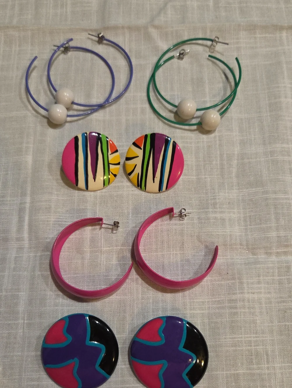 80's Colorful Women's Hoop and Button Earring Set - Pink, Purple, Green, Blue